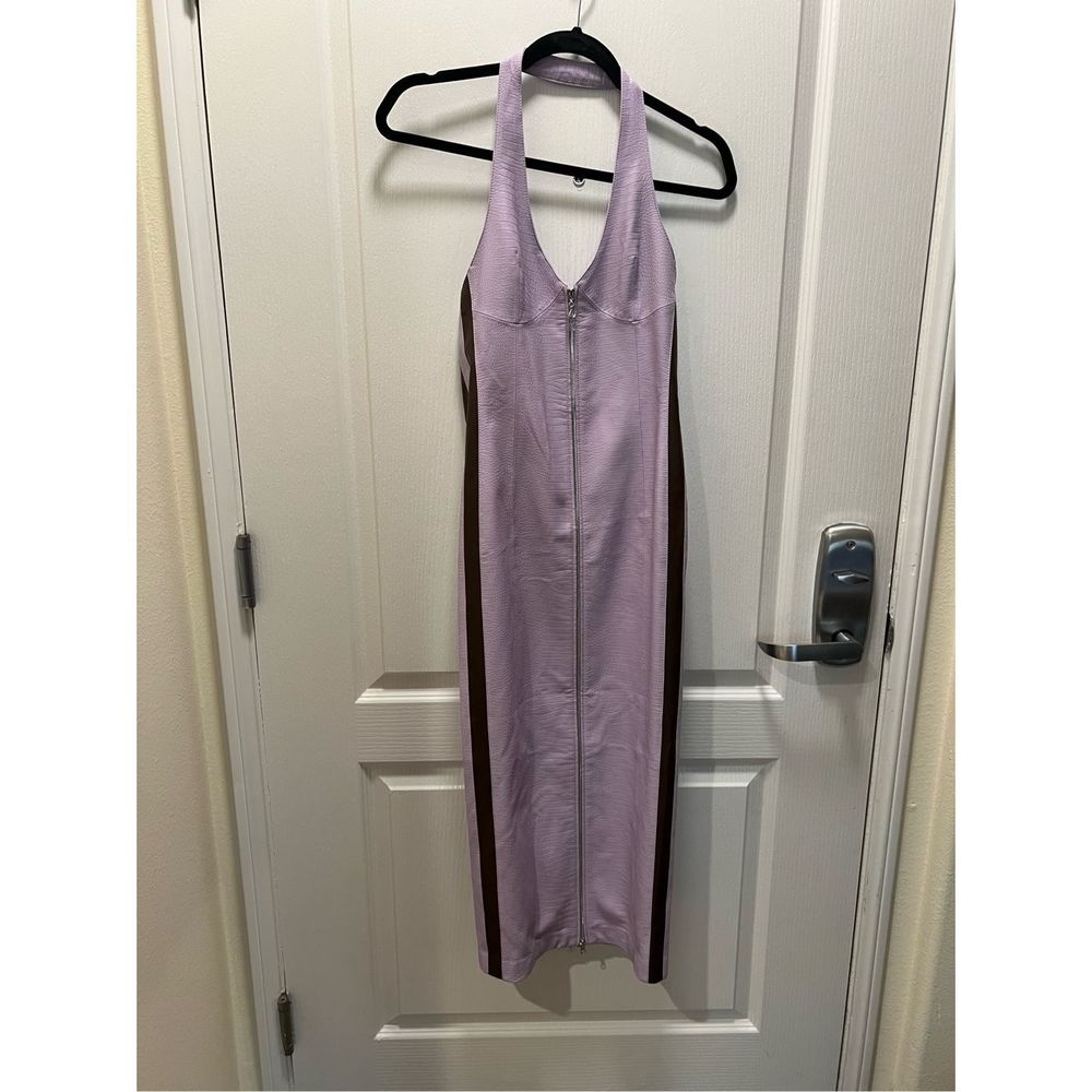Miaou Lavender Halter Sheath Dress with Brown Side Panels